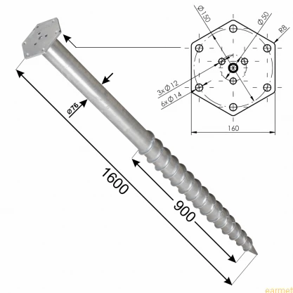 Podstawa słupa wkręcana PWM 76x1600 / 76x1600x3,0 mm / Sześciokątna