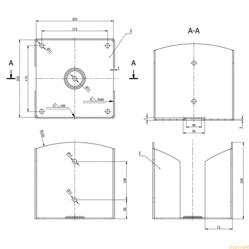 Podstawa słupa PSPW 200 / 202x200x3,0 /