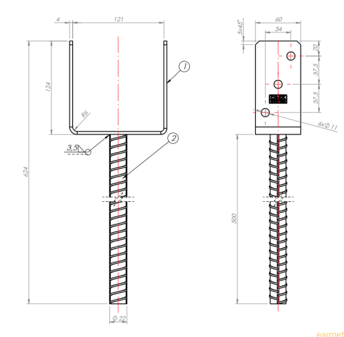 Podstawa słupa PS 120U/500 / 121x264x124 z wydłużonym prętem do wmurowania