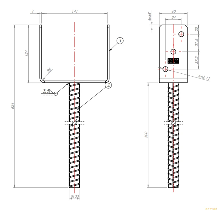 Podstawa słupa PS 140U/500 / 141x264x124 z wydłużonym prętem do wmurowania
